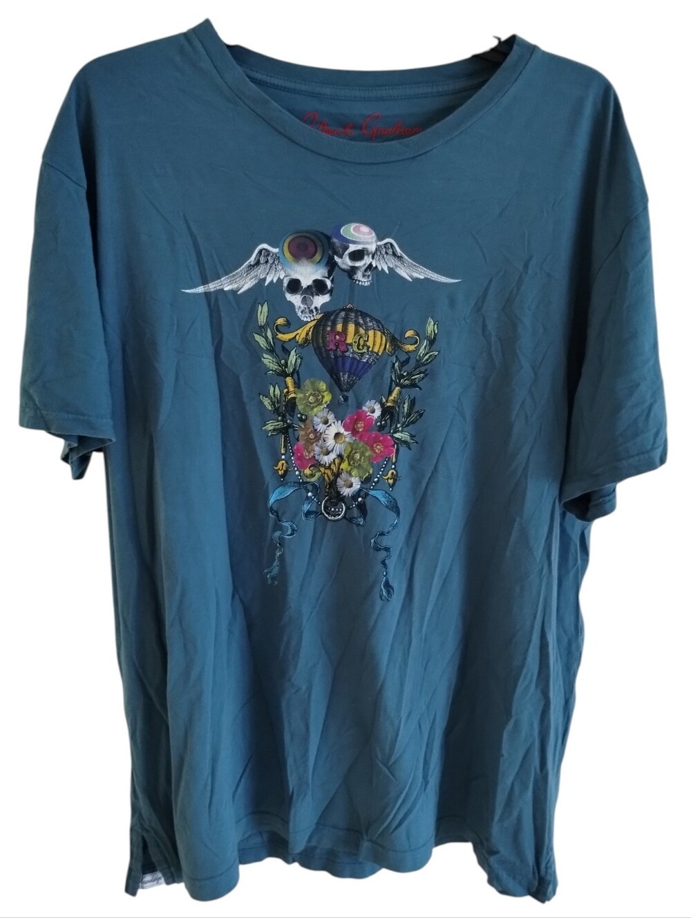 Robert Graham Graphic T Shirt Mens 3XL Teal Blue Skull Hot Air Balloon Art USA